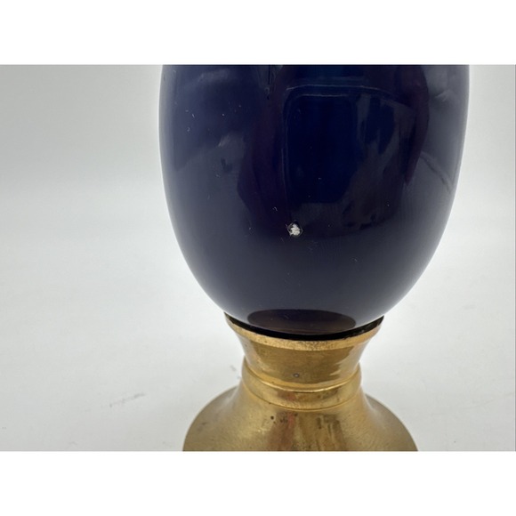 Multi- blue Tree Print Gold Gilded Egg with Brass Stand. - Picture 5 of 8